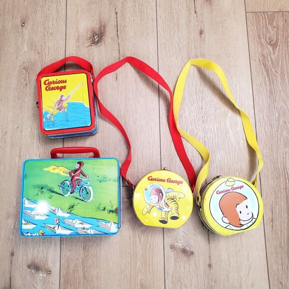 Vintage Curious George Metal Lunch Box Tin Lot Set 4 1990s Collectible 90s Rey - Picture 1 of 11